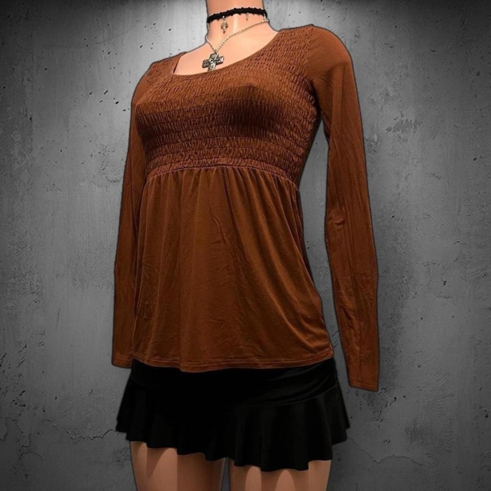 AE Soft Rust Orange Smocked Long Sleeve Babydoll Top